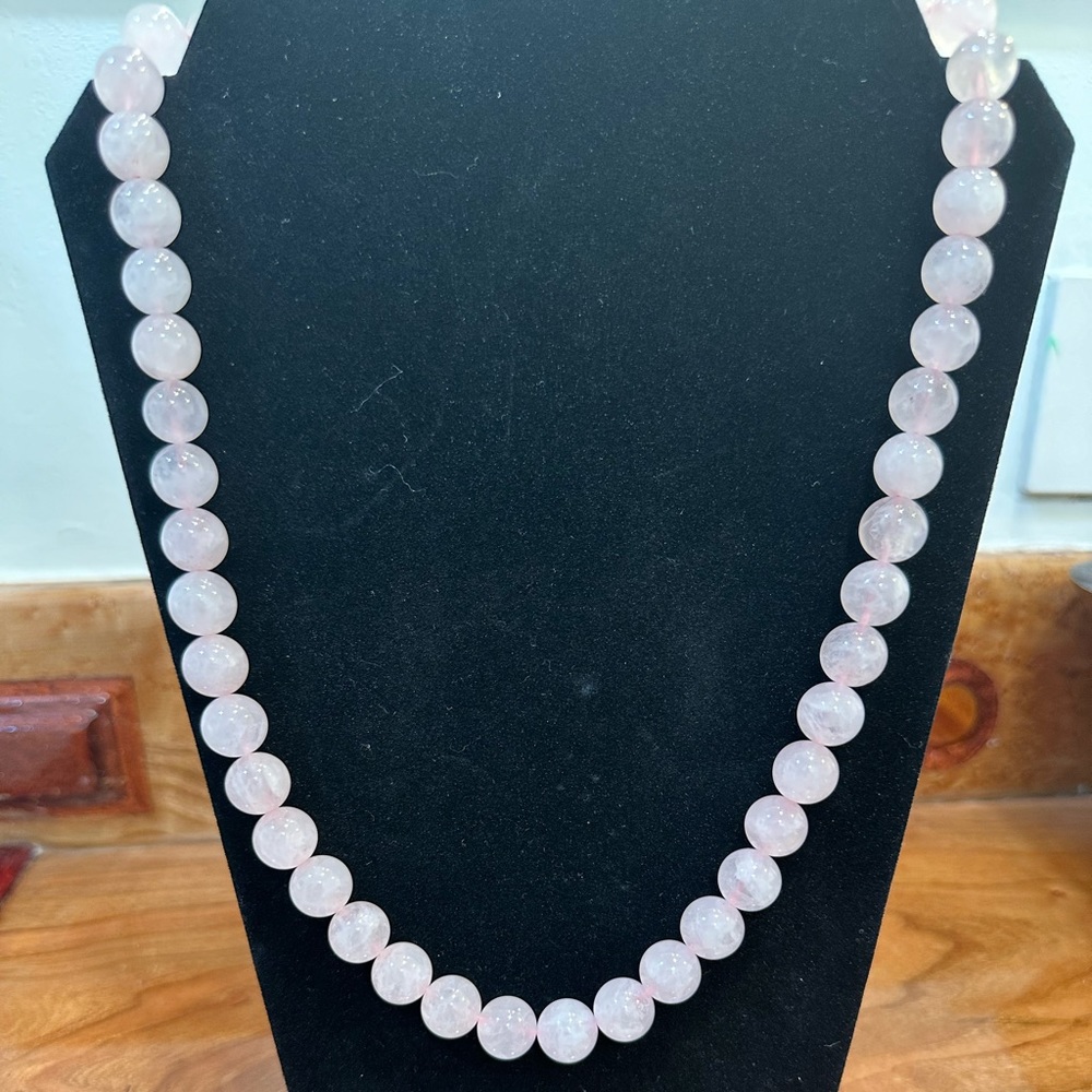 Rose Quartz Beaded String Necklace Goldtone Clasp Soft Pink Feels Cold
